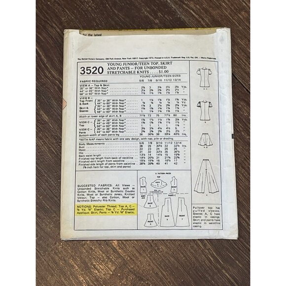 McCall's 3520 Pattern Vintage 1970s Junior Teen Top Skirt Pants Size 9/10 UNCUT - Picture 2 of 4